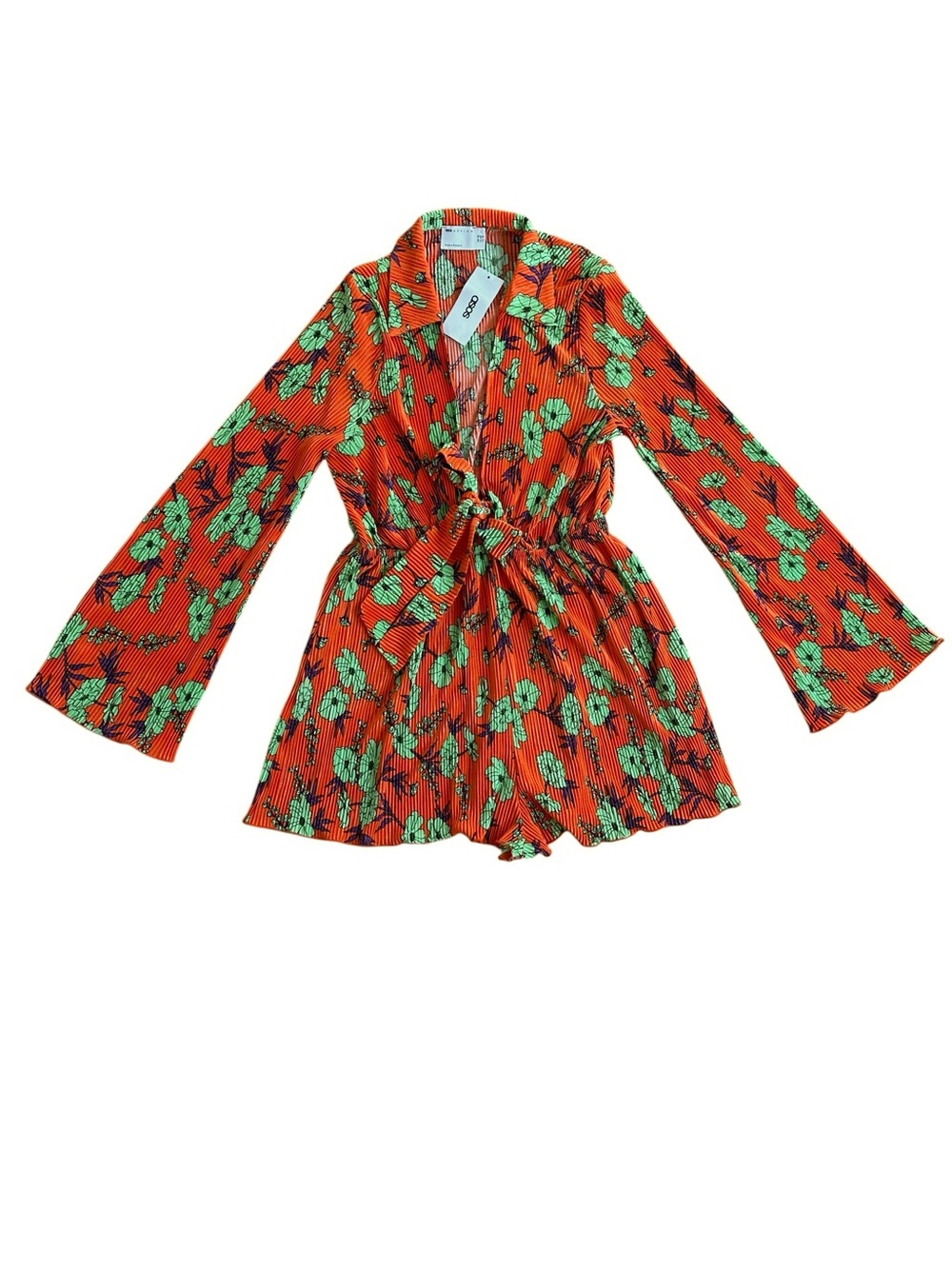 ASOS Orange Green Floral Long Sleeve Romper